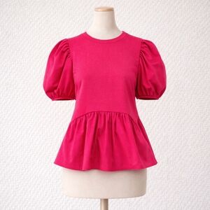 English Factory Hot Pink Peplum Babydoll Feminine Top Puff Sleeves Size Medium